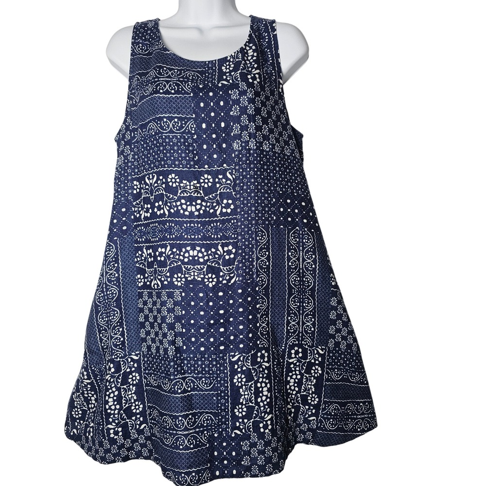 Cynthia Rowley 100% Linen Shift Dress Womens L Navy Blue Bandana Nautical Resort